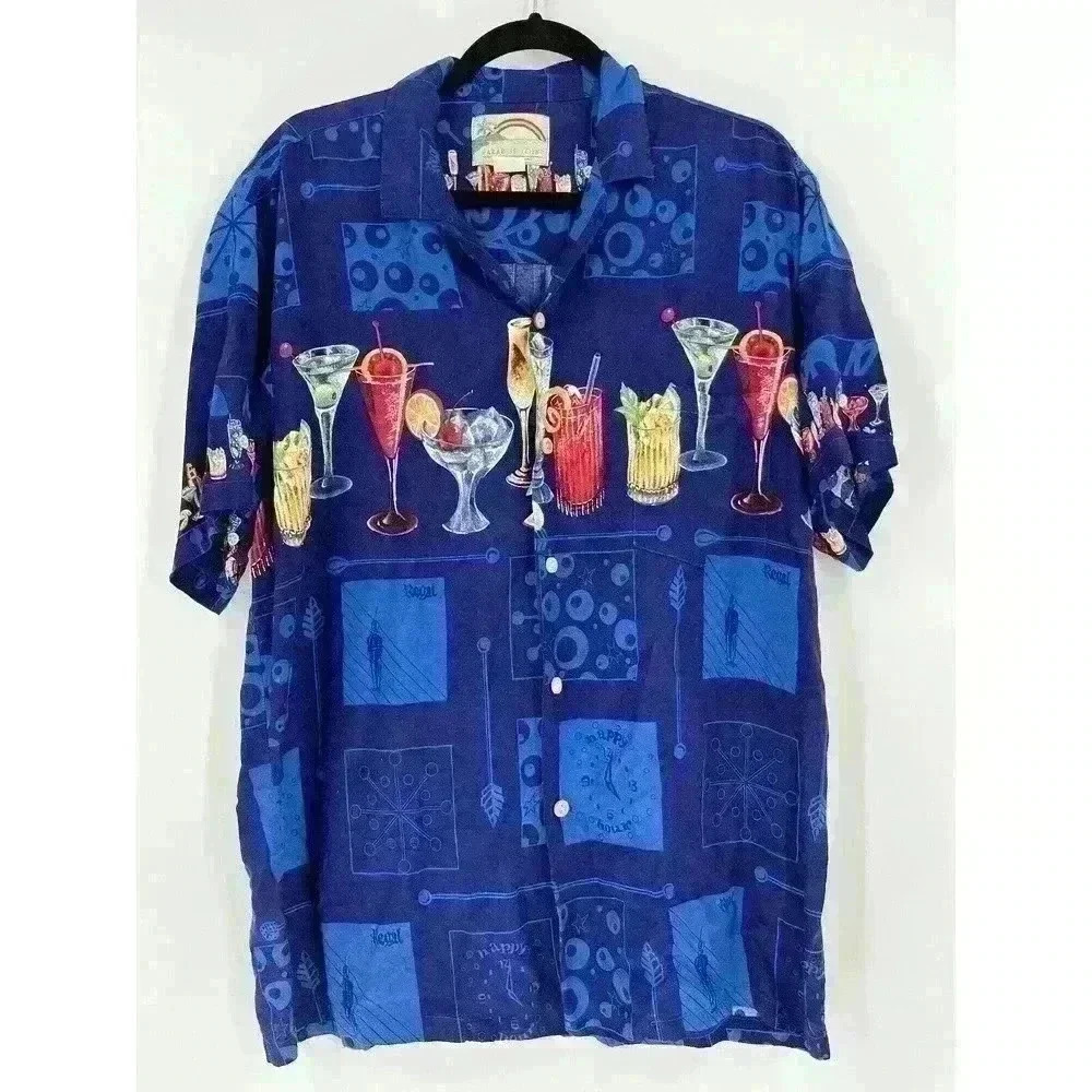 VTG Paradise Found Men's Size L Shirt Cocktails Drinks Alcohol 100% Rayon Quirky